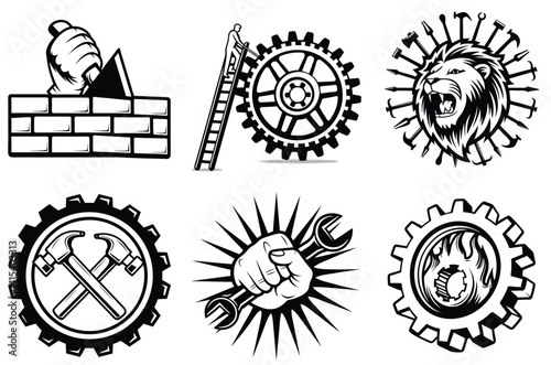 A collection of black and white illustrations showcasing themes of industrial strength, labor power, and craftsmanship. Featuring symbols of construction, tools, and fierce determination