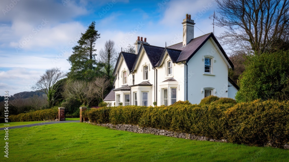 Charming white house surrounded by lush greenery and a clear blue sky in a serene landscape