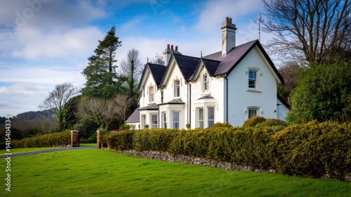 Obraz na płótnie Charming white house surrounded by lush greenery and a clear blue sky in a serene landscape w salonie