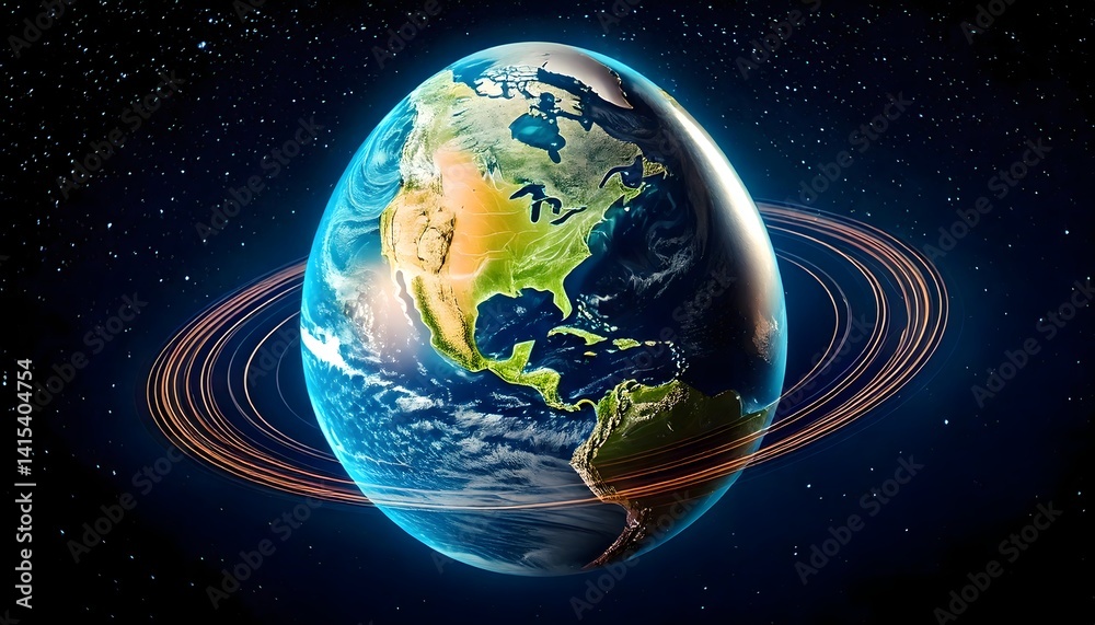 Fototapeta premium Realistic Earth surrounded by orange space rings against a star-filled galaxy