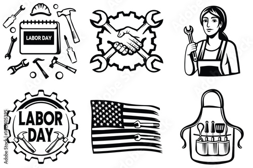 A collection of black and white illustrations celebrating Labor Day, featuring workers, tools, and patriotic symbols. Perfect for Labor Day promotions, greeting cards, and themed designs