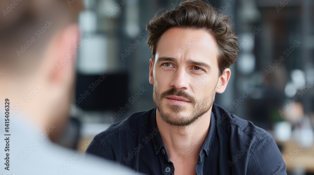Focused Dialogue: A close-up shot captures an intense discussion between two men, one with a focused expression, emphasizing connection and active listening in a professional setting. Focused Dialogue: A close-up shot captures an intense discussion between two men, one with a focused expression, emphasizing connection and active listening in a professional setting.