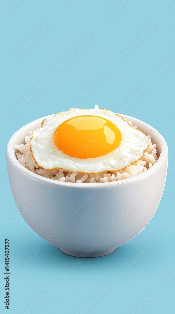 A vibrant flat art style illustration depicts a bowl of fluffy white rice topped with a perfectly fried sunny-side-up egg, a simple yet delicious breakfast or lunch option A vibrant flat art style illustration depicts a bowl of fluffy white rice topped with a perfectly fried sunny-side-up egg, a simple yet delicious breakfast or lunch option