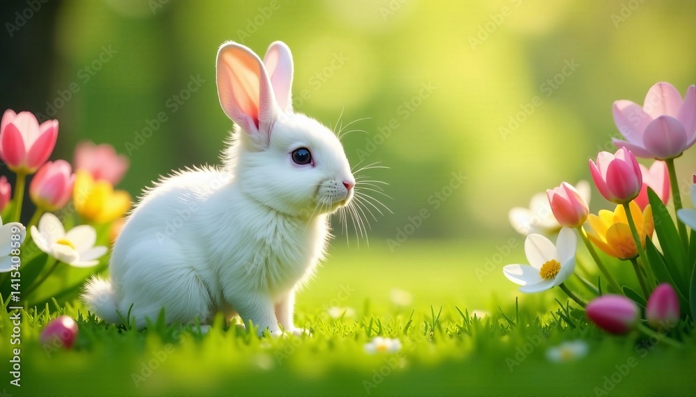 Fototapeta premium White fluffy rabbit surrounded by spring flowers in a lush green garden, bunny, cute