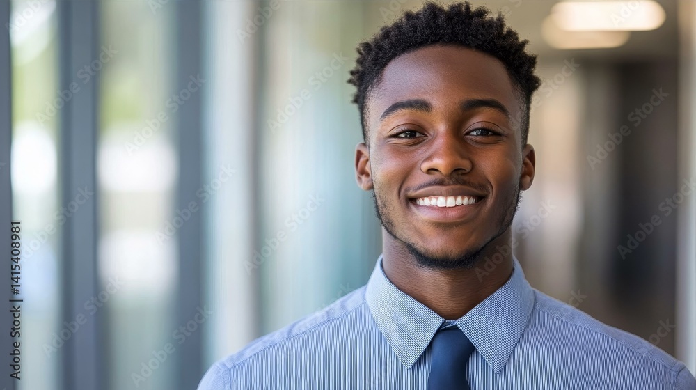 Young man smiling confidently in professional attire, conveying success and self-assurance in a modern workplace. Young man smiling confidently in professional attire, conveying success and self-assurance in a modern workplace.