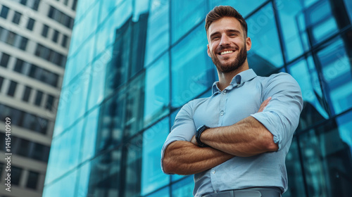 Confident young entrepreneur smiles in front of modern glass building, showcasing success and ambition