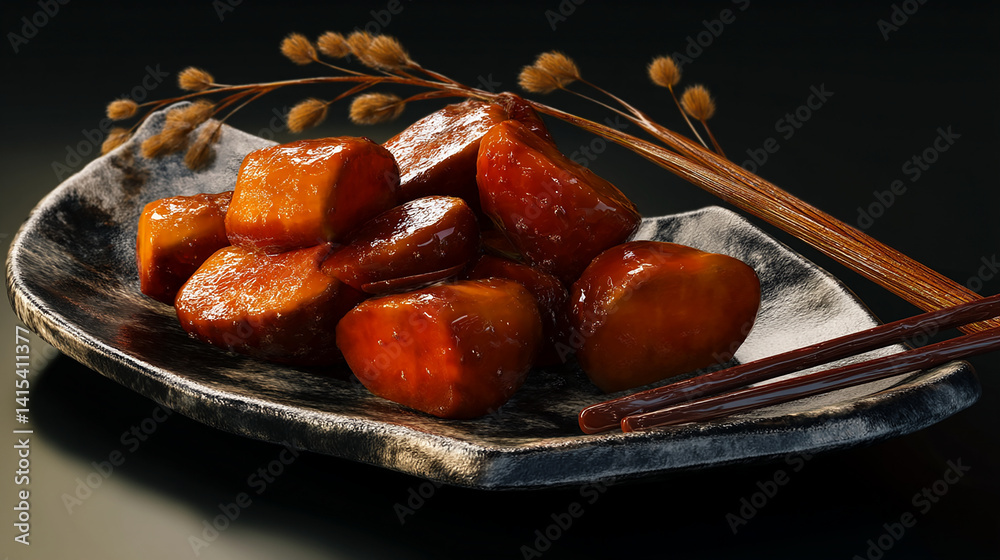 Japanese candied sweet potato sticky glaze warm tone