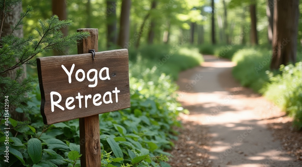 A serene path leads to a wooden sign marking a yoga retreat, surrounded by lush greenery and a peaceful environment. A serene path leads to a wooden sign marking a yoga retreat, surrounded by lush greenery and a peaceful environment.