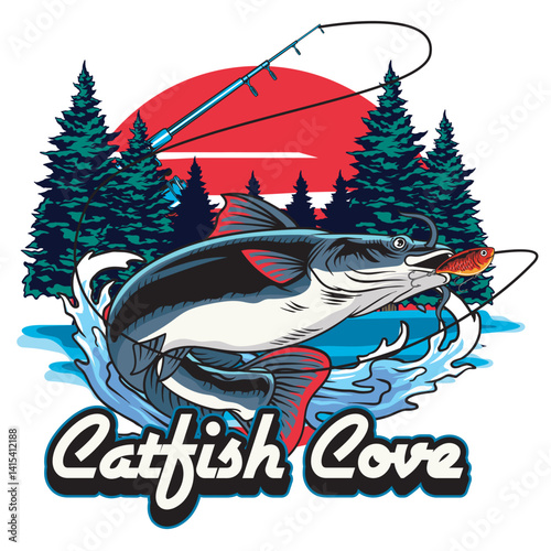 Vector Illustration of Catfish and Fishing Rod with Vintage Retro Illustration Available for Tshirt Design