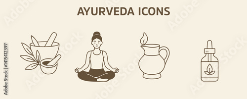 Minimalist line art vector set inspired by Ayurveda, featuring herbal elements, dosha symbols, spa therapy, and wellness icons. Ideal for health, spa, and holistic design projects.