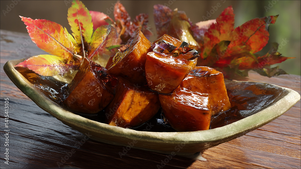 Japanese candied sweet potato sticky glaze warm tone