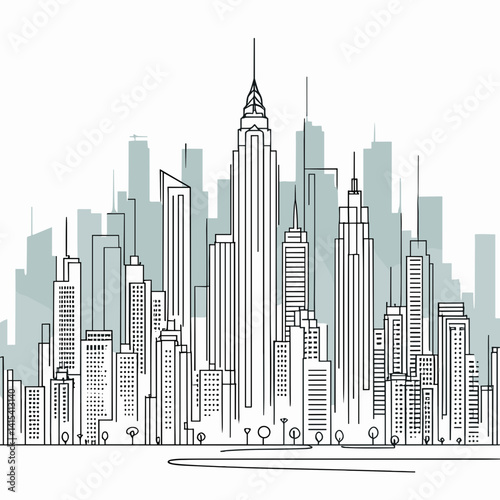 Minimalist line art city skyline illustration featuring iconic skyscrapers on a light background