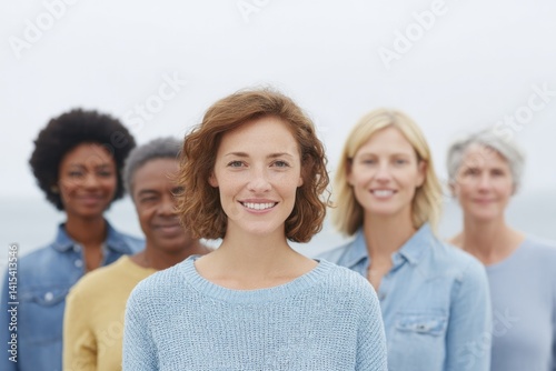 minimalistic portrait of diverse group of people from various races and ages standing together against softly blurred