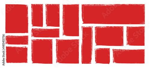 Red Brush stroke, ink paint brush, grunge box. Black square shapes with brush borders. Vintage grunge boxes for collage, text, banner, sticker, poster design.