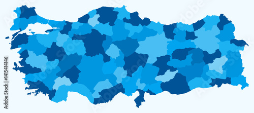 Map of Turkey with regions. Just a simple country border map with region division. Light blue color palette. Flat Turkey shape with administrative division. Vector illustration.