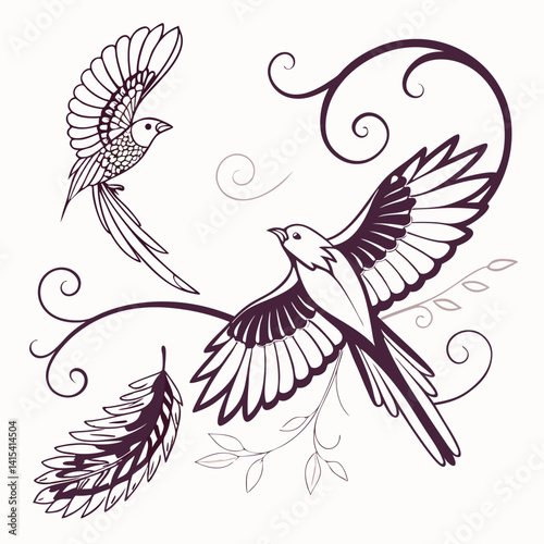 Minimalist Bird Silhouette and Colorful Exotic Bird Perched on Branch Collection.