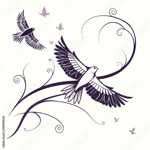 Minimalist Bird Silhouette and Colorful Exotic Bird Perched on Branch Collection.