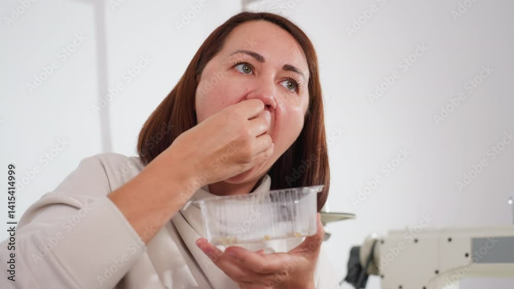 Elegant woman enjoying bite of chicken while holding clear disposable plate, casual indoor setting with sewing machine in background, content expression on her face showing satisfaction with meal Elegant woman enjoying bite of chicken while holding clear disposable plate, casual indoor setting with sewing machine in background, content expression on her face showing satisfaction with meal