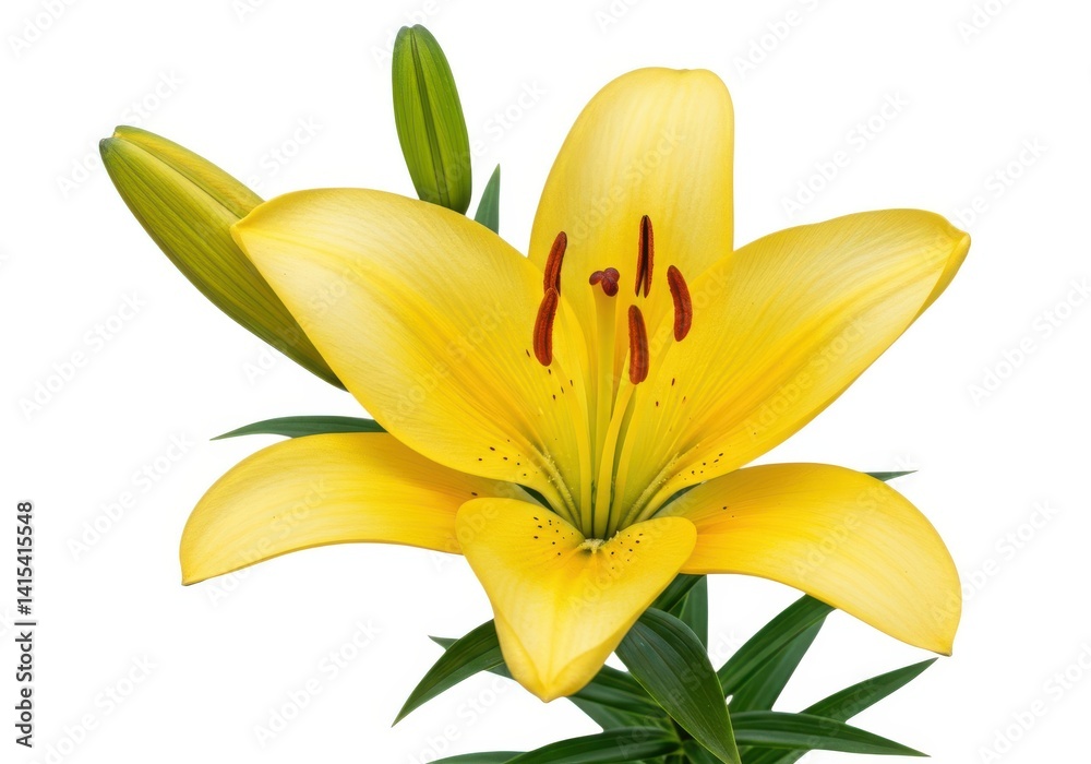 Obraz premium Isolated bright blossom of a yellow lily flower closeup view isolated on white background