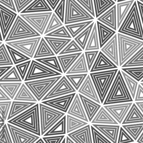 Abstract background with mosaic triangle shapes. Large triangles size. Multiple repeated inner triangles. Monotone style. Repeatable pattern. Creative vector tiles. Seamless vector illustration.
