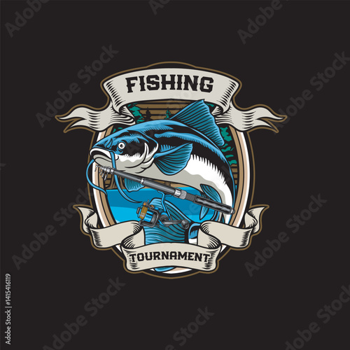 Vector Illustration of Catfish and Fishing Rod with Vintage Retro Illustration Available for Logo Badge