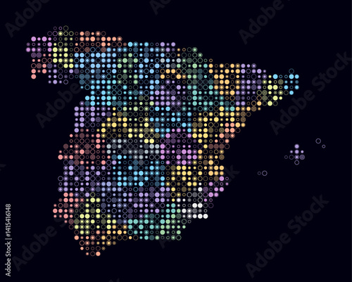 Spain, shape of the country built of colored cells. Digital style map of Spain on a dark background. Small size circle blocks. Beautiful vector illustration.