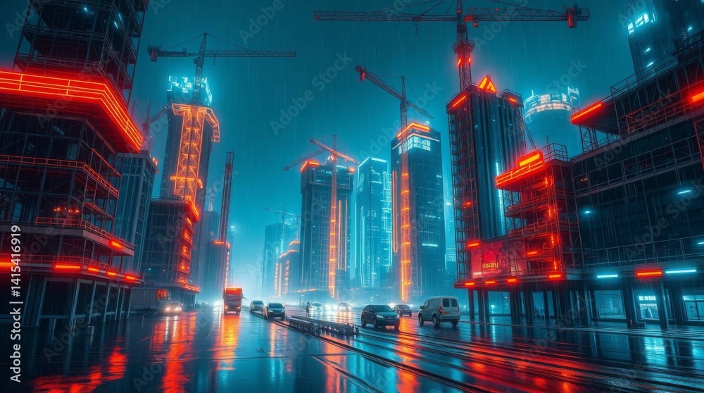 Fototapeta premium Futuristic Neon Cityscape with Construction Cranes at Night..