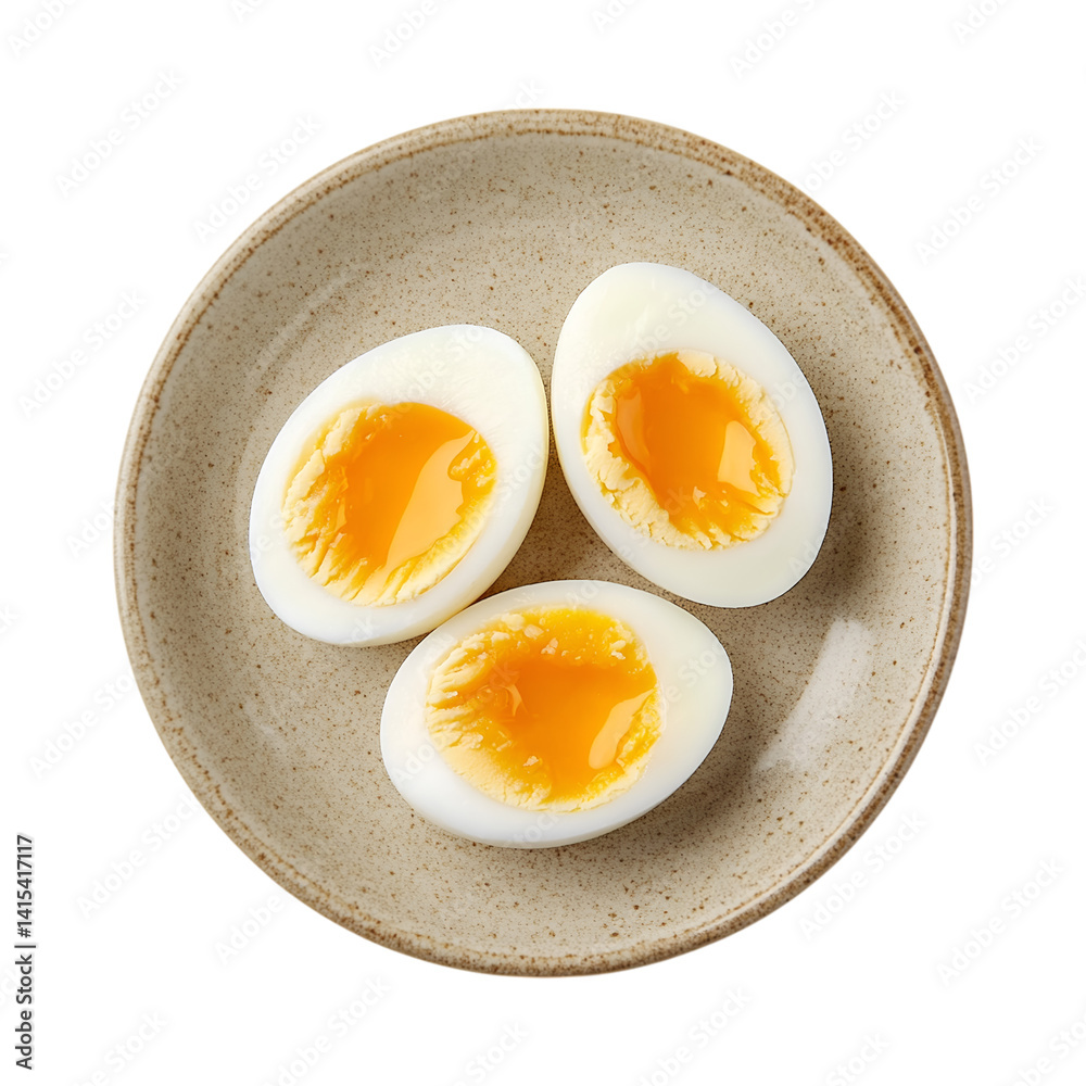 Three half cut boiled eggs on plate isolated on transparent background PNG Three half cut boiled eggs on plate isolated on transparent background PNG