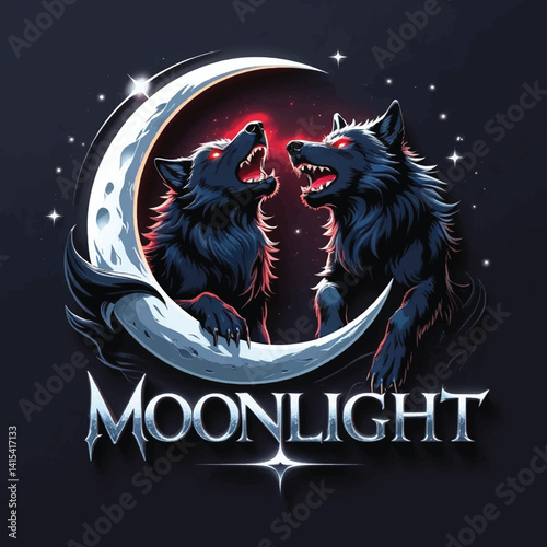 Howl of the Night: Glowing-Eyed Wolf and Mystical Moon with Bold “MOONLIGHT” Text in a Dramatic, Fantasy Logo Composition, Typography Vector T-shirt Design