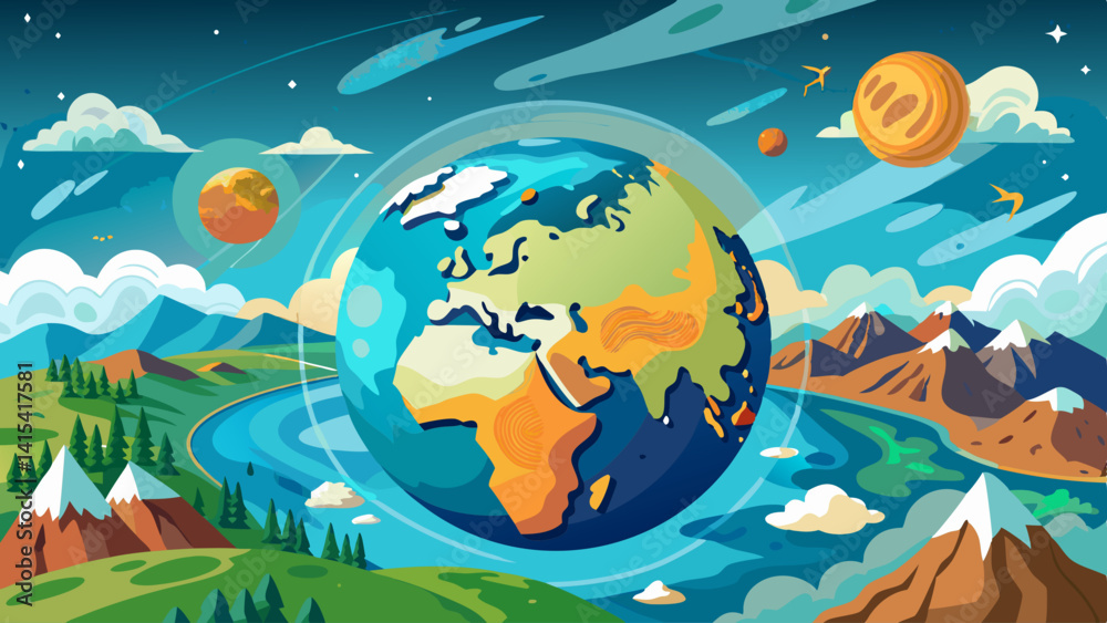 Naklejka premium A colorful drawing of the Earth with mountains and a large planet in the background. The drawing conveys a sense of wonder and awe at the vastness of the universe