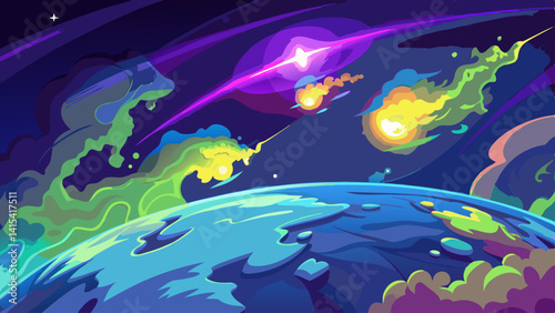 A colorful drawing of the Earth with the sun and planets in the background. Scene is whimsical and imaginative