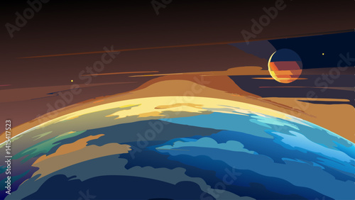 A painting of a planet with a sun and a rocket in the sky. The painting has a mood of adventure and exploration