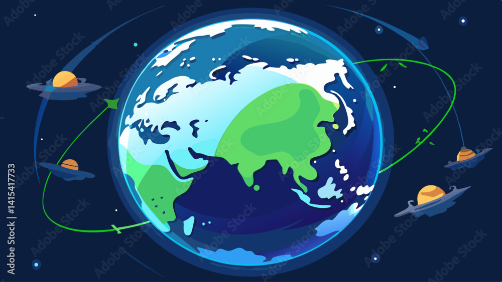 A colorful drawing of the Earth with a green moon in the sky. The image has a futuristic feel to it A colorful drawing of the Earth with a green moon in the sky. The image has a futuristic feel to it