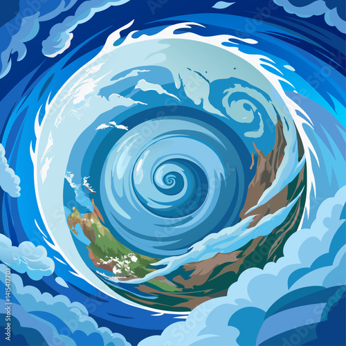 A blue and white poster with a swirling ocean and a large, dark object in the center. Scene is mysterious and intriguing