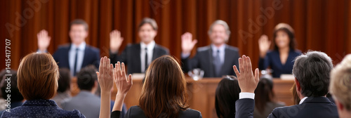 Group of People Raising Hands in Meeting - Audience participates actively, raising hands during a formal meeting or conference