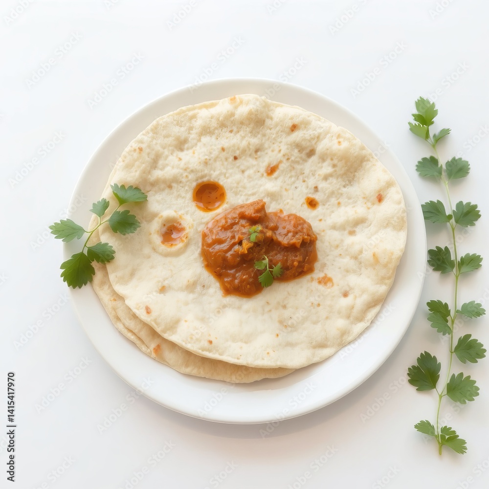 Delicious Indian flatbread roti served with flavorful spicy curry sauce garnished with fresh cilantro on white plate background. Delicious Indian flatbread roti served with flavorful spicy curry sauce garnished with fresh cilantro on white plate background.