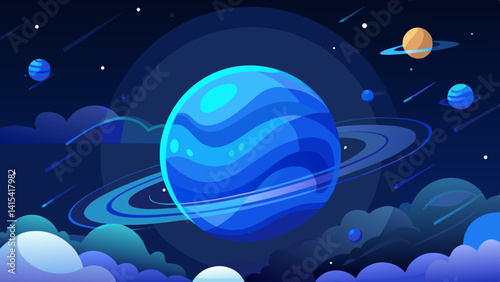 A blue planet with a blue stripe on it. The planet is surrounded by clouds. The sky is dark and the planet is the main focus of the image