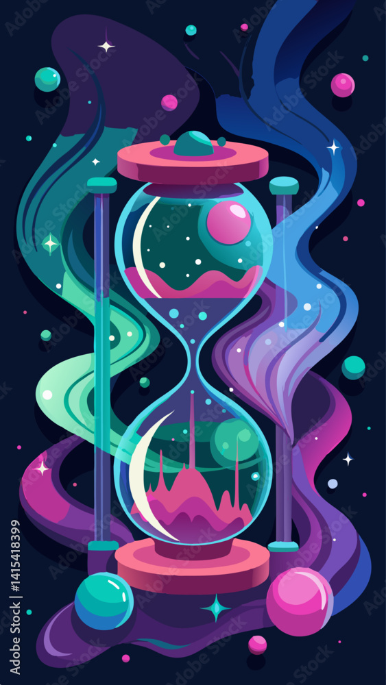 A colorful illustration of a clock with a blue and green background. The clock is set at the 12 o'clock position A colorful illustration of a clock with a blue and green background. The clock is set at the 12 o'clock position