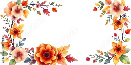 Fototapeta Naklejka Na Ścianę i Meble -  Watercolor autumn floral border; wedding invitation design , invite, flowers