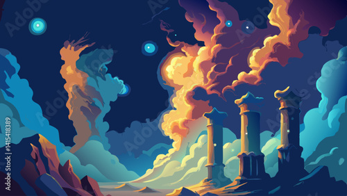 A colorful, fantastical scene of a rocky landscape with a bright blue sky. The sky is filled with clouds and stars, and there are several tall, colorful pillars scattered throughout the scene