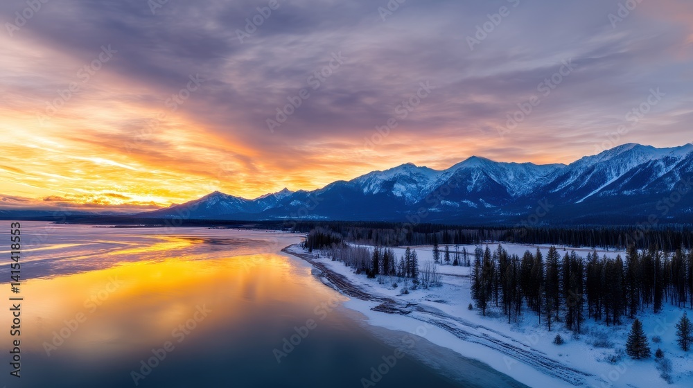 Serene winter sunset over a tranquil lake with snow-covered mountains in the background Serene winter sunset over a tranquil lake with snow-covered mountains in the background