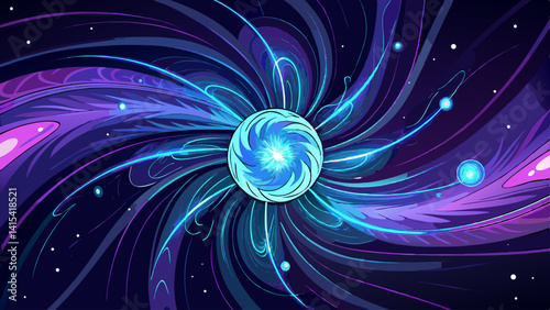 A colorful galaxy with a blue star in the center. The galaxy is full of stars and planets, and the blue star is surrounded by a spiral of light. Scene is one of wonder and awe