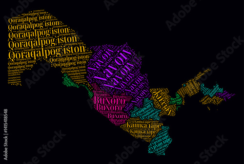 Uzbekistan word cloud. Region names of the country in Uzbek language. Bright neon style design on dark background. Uzbekistan shape with administrative division. Creative vector illustration.