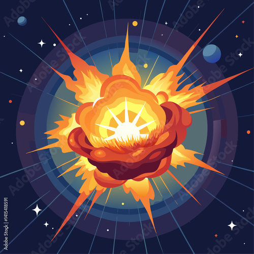 A fiery explosion in space with a bright yellow sun in the center. The explosion is surrounded by planets and stars, creating a sense of chaos and destruction