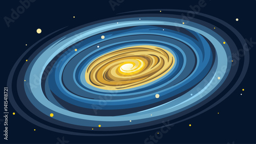 A painting of a spiral galaxy with stars and a yellow sun in the center. The painting has a dreamy, ethereal quality to it, with the swirling colors and the stars creating a sense of movement