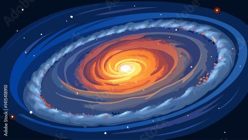 A painting of a spiral galaxy with a bright yellow sun in the center. The painting is in shades of blue and orange, giving it a warm and inviting feel. The swirling pattern of the galaxy