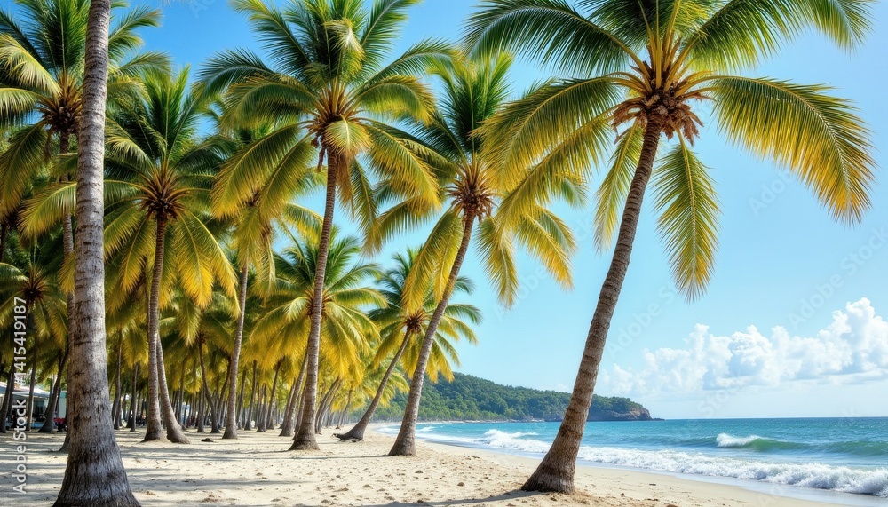 Fototapeta premium The beach is lined with tall, slender palm trees swaying gently in the warm breeze