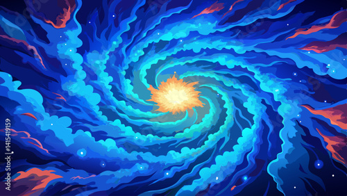 A blue and orange spiral galaxy with a bright yellow star in the center. The colors are vibrant and the spiral shape gives the impression of movement and energy