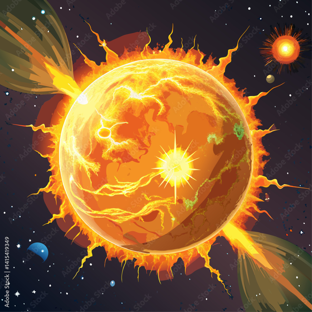 A cartoon drawing of a sun with a planet in the background. The sun is surrounded by fire and the planet is in the foreground A cartoon drawing of a sun with a planet in the background. The sun is surrounded by fire and the planet is in the foreground