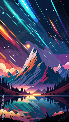A colorful sky with a starry background and a mountain range in the foreground. The sky is filled with shooting stars, and the mountains are covered in trees